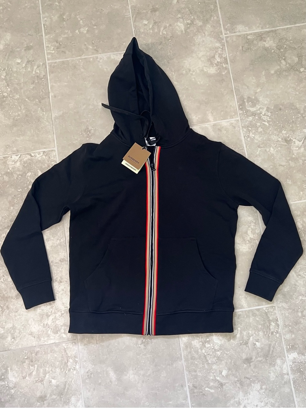 NWT Burberry Hove Icon Stripe Full Zip Hoodie Black Men's XS $850